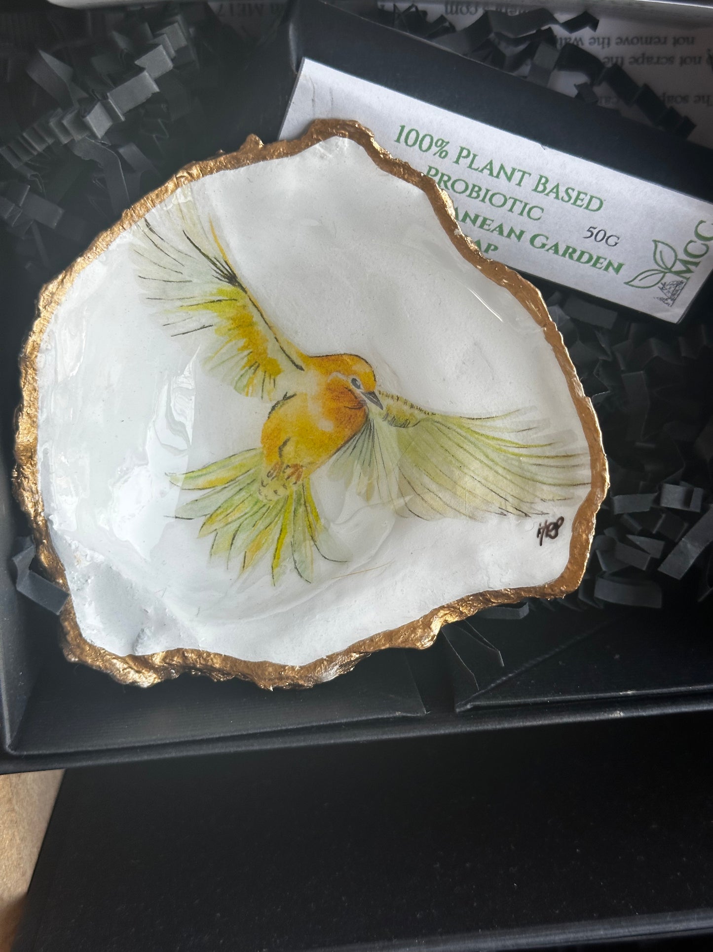 CANARY HANDPAINTED OYSTER SHELL SOAP DISH AND SOAP