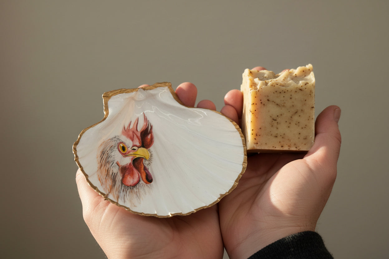 COCKEREL HANDPAINTED OYSTER SHELL SOAP DISH AND SOAP