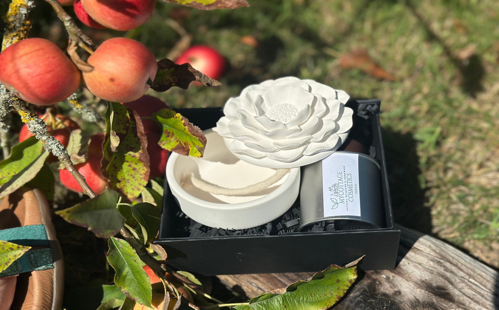 White ceramic flower POMANDER in a black box with a label, surrounded by greenery and apples.