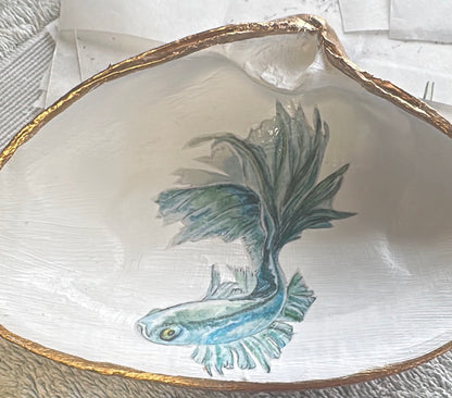 BLUE FISH HANDPAINTED OYSTER SHELL SOAP DISH AND SOAP