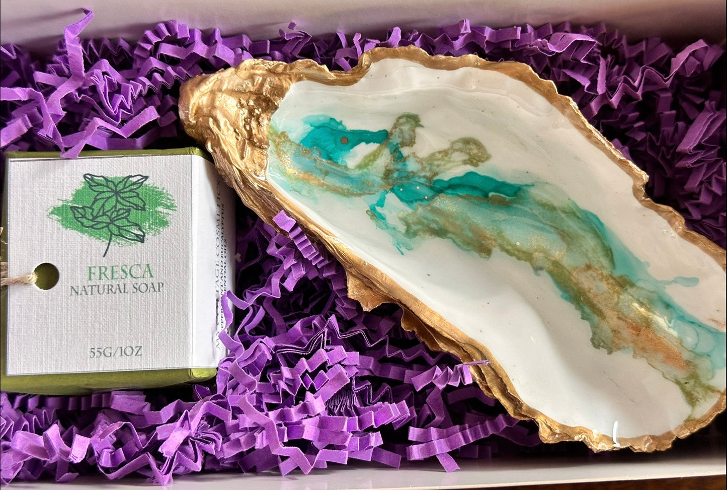 TURQUOISE WHISP OYSTER SHELL SOAP DISH