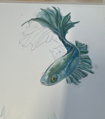 BLUE FISH HANDPAINTED OYSTER SHELL SOAP DISH AND SOAP