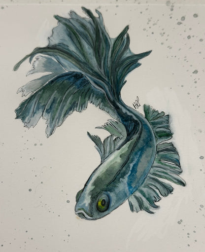 BLUE FISH HANDPAINTED OYSTER SHELL SOAP DISH AND SOAP
