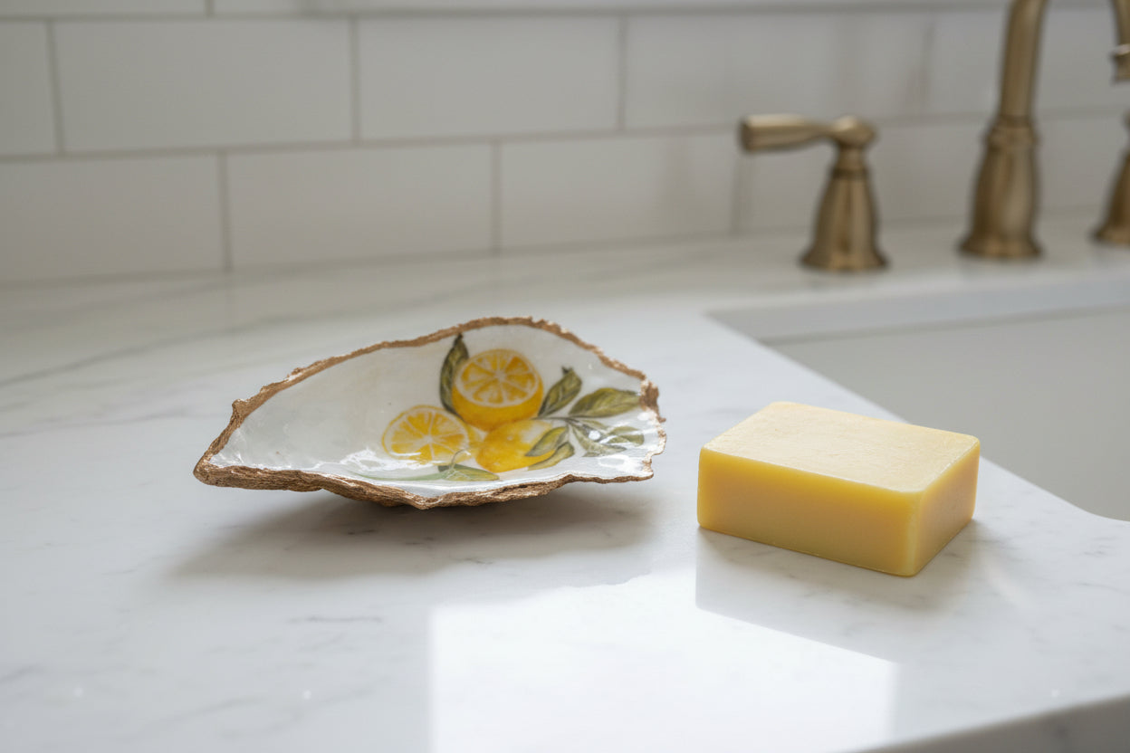 LEMONS HANDPAINTED OYSTER SHELL SOAP DISH AND SOAP