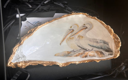 PELICANS HANDPAINTED OYSTER SHELL SOAP DISH AND SOAP
