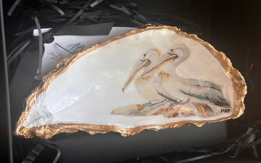PELICANS HANDPAINTED OYSTER SHELL SOAP DISH AND SOAP