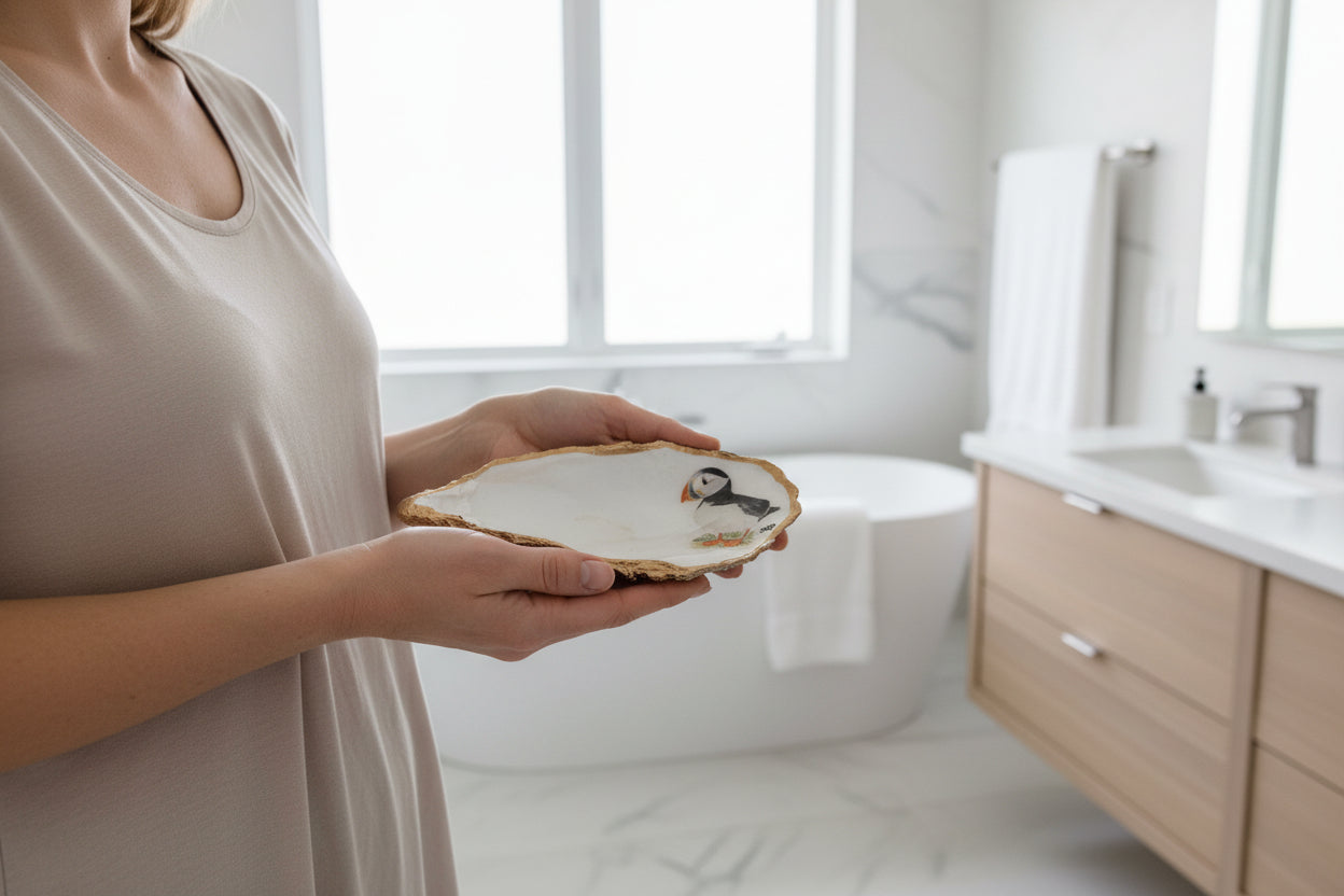 PUFFIN HANDPAINTED OYSTER SHELL SOAP DISH AND SOAP