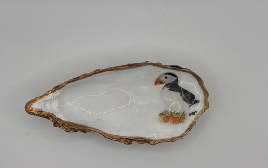 PUFFIN HANDPAINTED OYSTER SHELL SOAP DISH AND SOAP